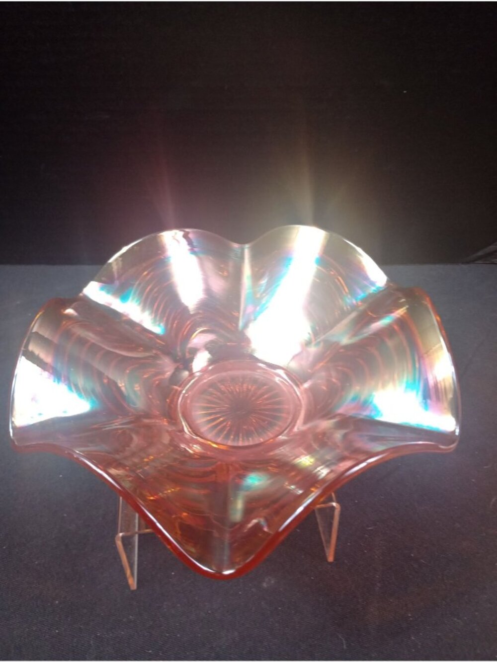 Vintage Fenton 8" Round Carnival "Cut Arcs" Marigold Ruffled Glass Bowl